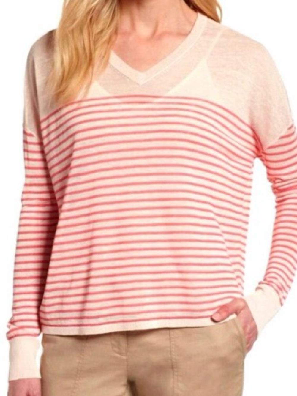Tommy Bahama Cream and Pink Striped V-Neck Sweater